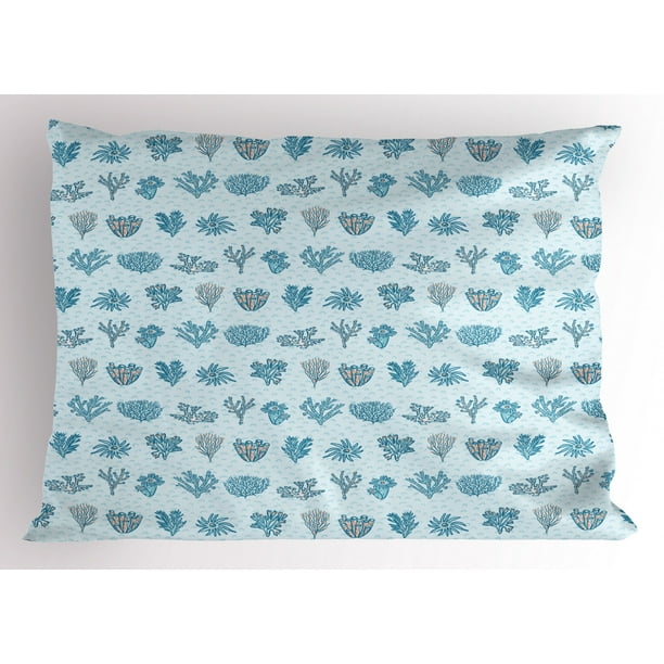 Nautical Pillow Sham, Underwater Life Themed Pastel Pattern of Ocean Corals and Plants