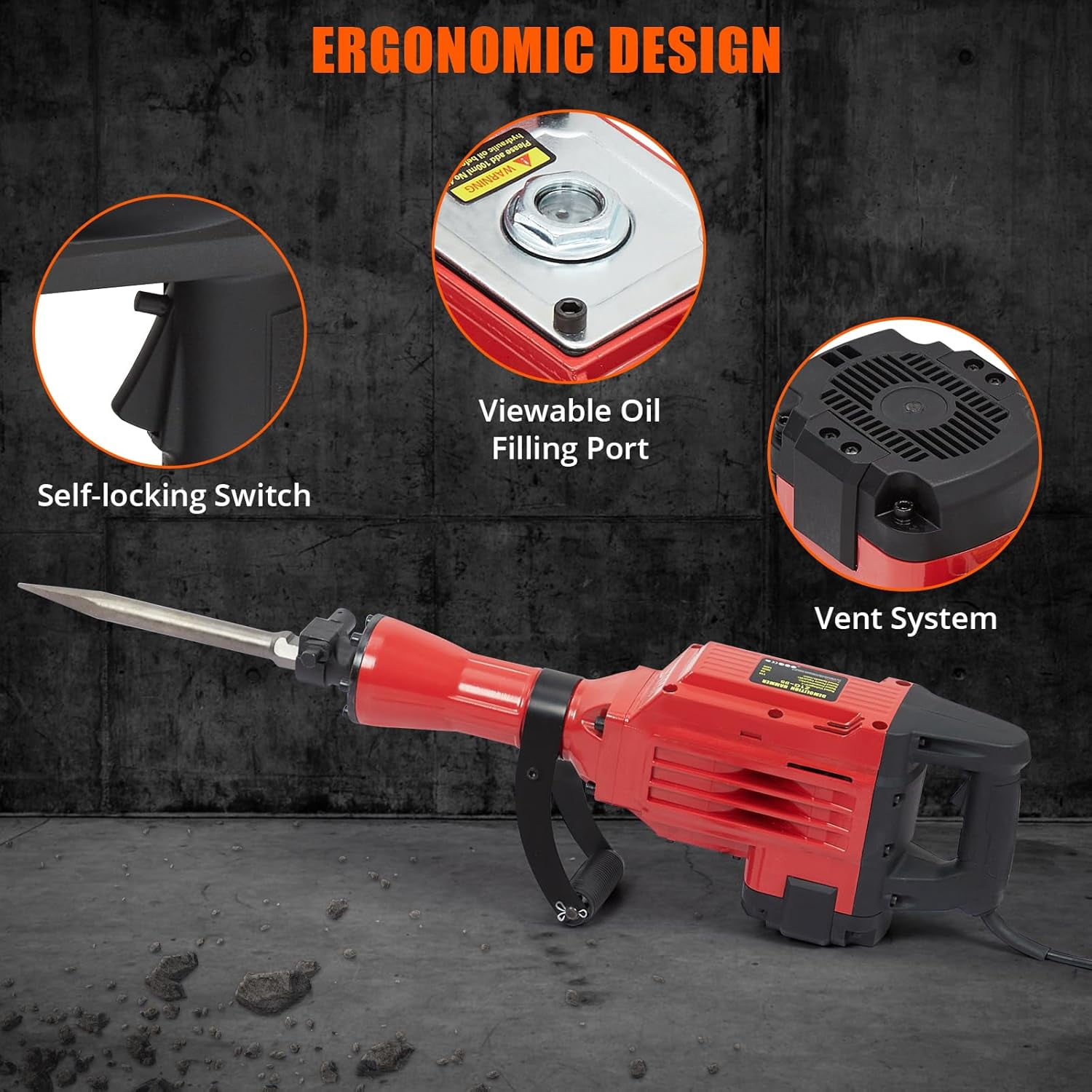 Demolition Hammer 3600W, 1800 Bpm Concrete Breaker, 4pcs Bits, Noise-Reducing Earplugs, Ergonomic Shoulder Strap, and Durable Carrying Case