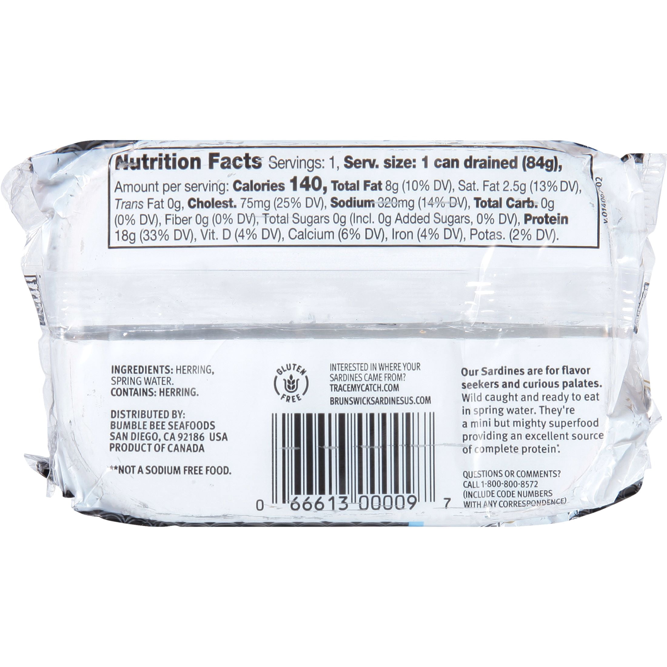 Brunswick Sardines in Spring Water, 3.75 oz Can - Boneless Butterflied Sardine Fillets - Wild Caught - 18g Protein per Serving - Gluten Free, Keto Friendly