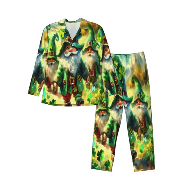 Balery st. patrick’s day gnomes Pijama para Hombre de Dos Piezas con Manga Larga, Conjunto de Dormir y Descanso Suave con Bolsillos-Large
