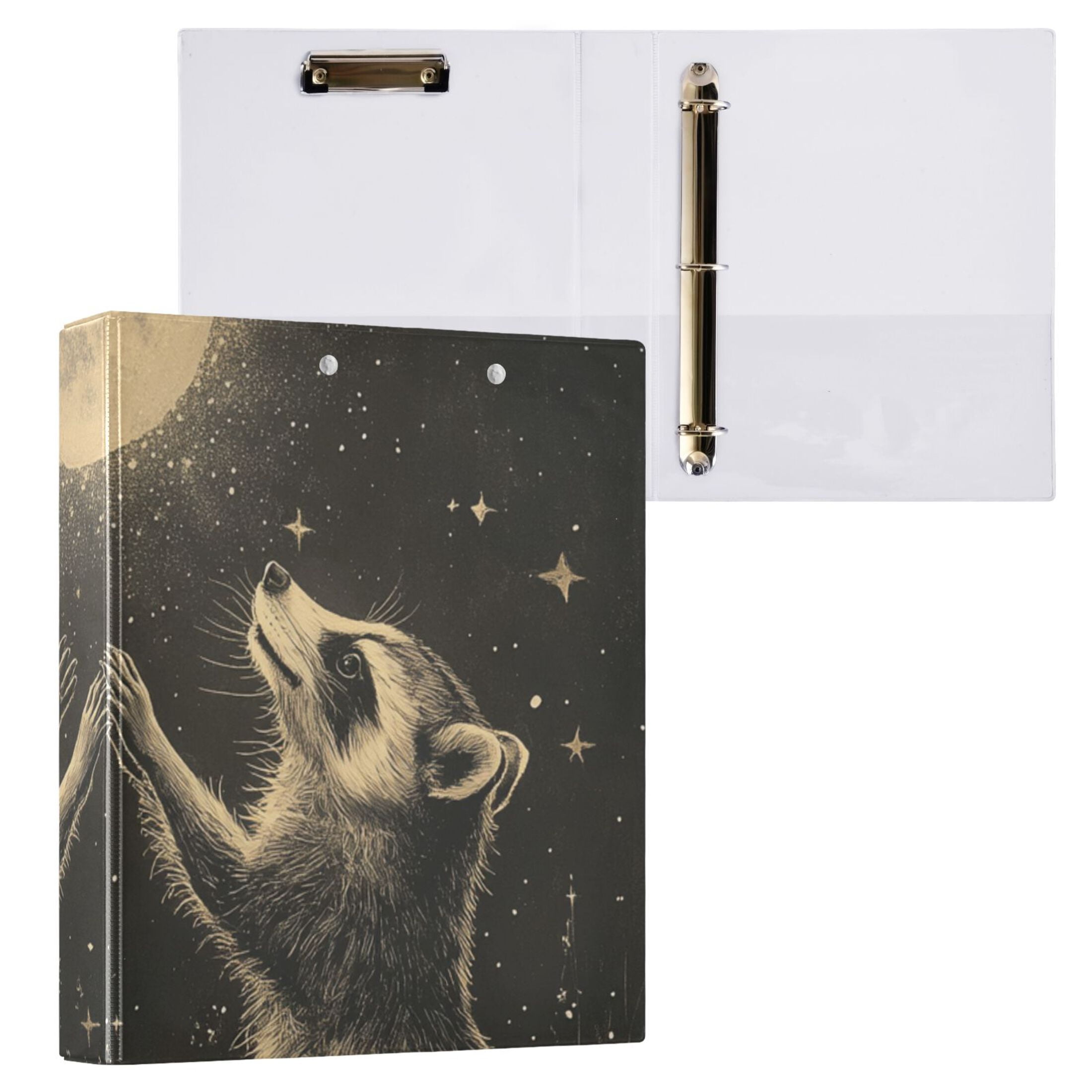 Raccoons Moon Stars 3 Ring Binders 1.5 inch Hardcover File Folders with Interior Pockets A4 Size Organizer for School Office Hospital