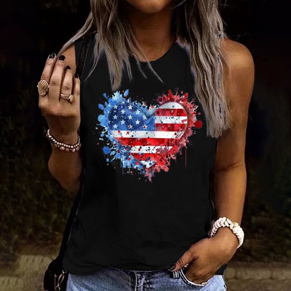 Goodtrade8 July 4th Tank Tops for Women Summer American Flag Pullover Red White and Blue Workout Sleeveless Shirts Outdoor Crew Neck Womens Tanks Casual