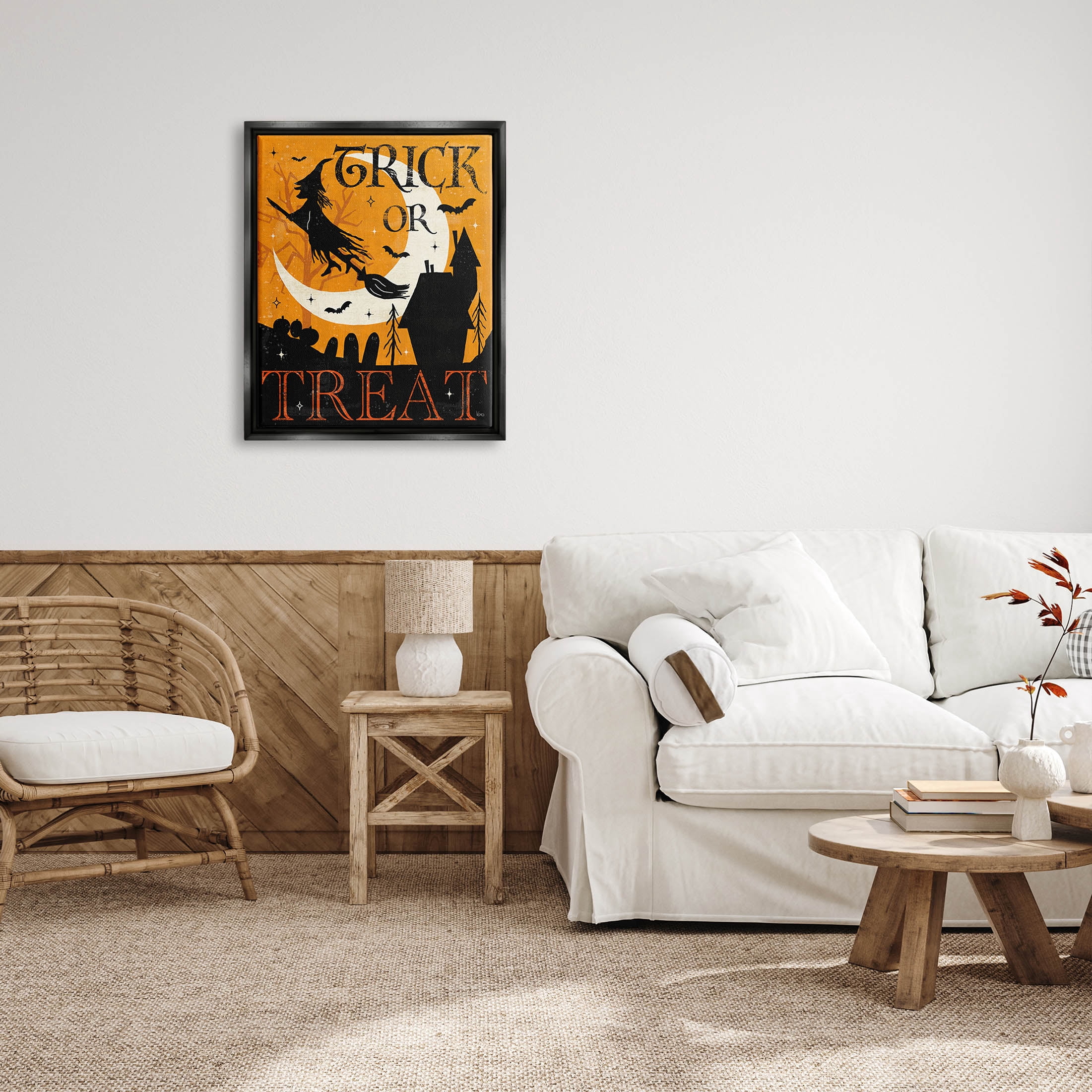 Stupell Industries Trick Or Treat Halloween Witch Graphic Art Jet Black Floating Framed Canvas Print Wall Art, Design by Veronique Charron
