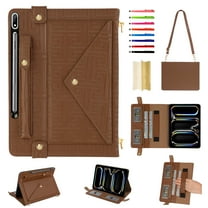 for Samsung Galaxy Tab S10 /S9 /S8 /S7 /S7 FE Case, Handbag PU Leather Stand Cover with Elastic Hand Strap and Detachable Adjustable Shoulder Strap, Pencil Holder, Document Card Pocket, Brown