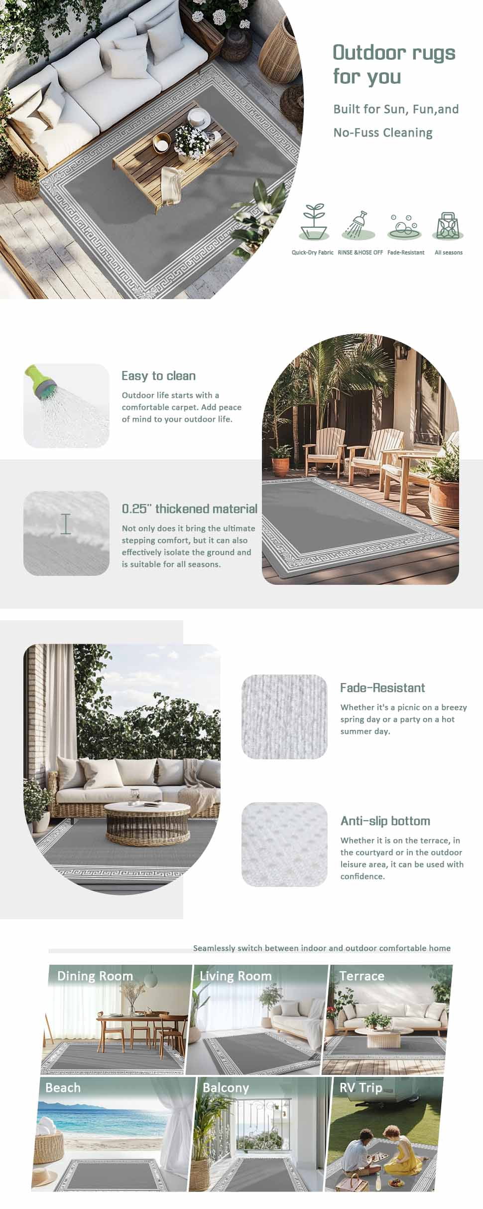 Grey Geometric Outdoor Rug 5x8 Ft - Reversible Patio Rug Outdoor Camping Rugs, Bohemia Tribal Farm Tribal Patterned Washable Indoor Outdoor Area Rugs, Non-Slip Outdoor Carpet Runner for Deck/Porch