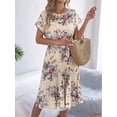 thumbnail image 6 of Women's Floral Elegant Pleated Midi Print Batwing Sleeve Tie Waist Dress for Daily Wear M, 6 of 10
