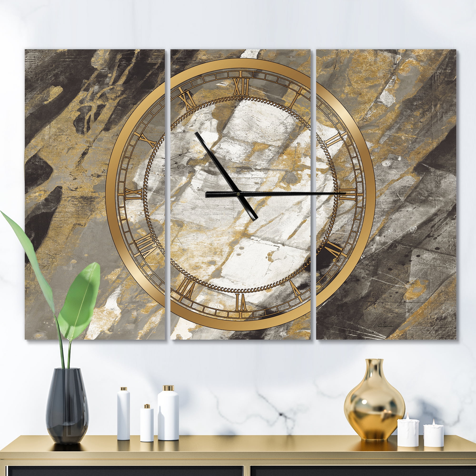 Designart 'Gold, Black and White Hanpainted Abstract' Traditional Wall Clock