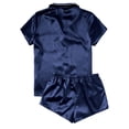thumbnail image 4 of Pajamas for Women Set 3 Piece Silk Satin Pajama Set for Women 2 Piece Lounge Pjs Shorts Matching Summer Sleepwear Button Down Shirt Shorts Dark Blue L, 4 of 4
