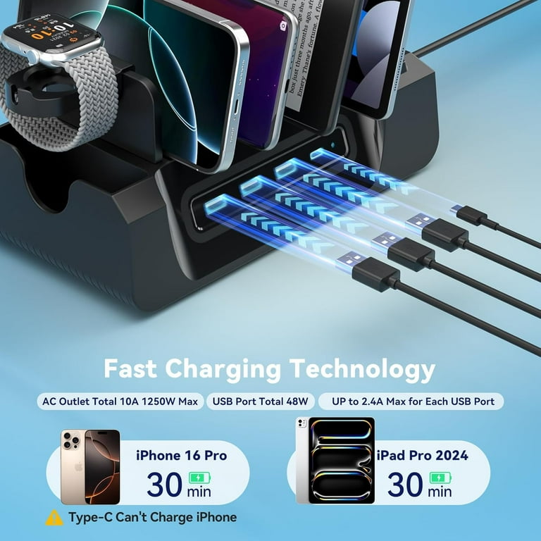 Charging Station for Multiple Devices, 6-in-1 Charging Dock with