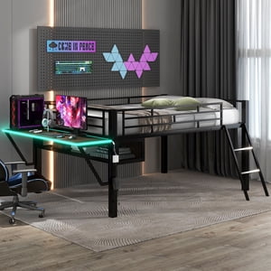 Euroco Full Loft Bed with Desk, LED Light and Storage, Black