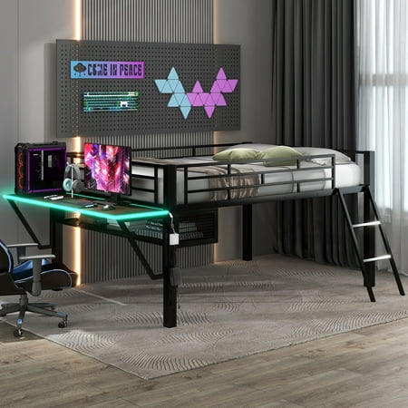 Euroco Metal Frame Desk LED Light Full Loft Bed with Under Bed Storage for Kids Teens Black