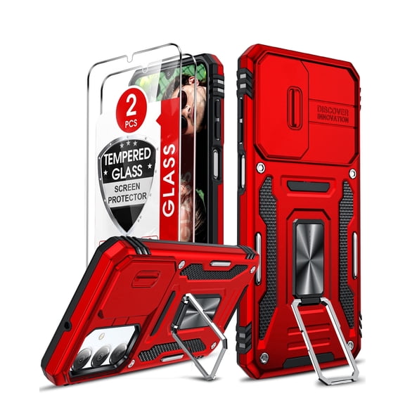 LeYi for Samsung Galaxy A16 5G Case: with Tempered Glass Screen Protector 2 Pcs, with Slide Camera Cover, [Military-Grade] Case Cover and Magnetic Ring Kickstand for Samsung A 16, Red