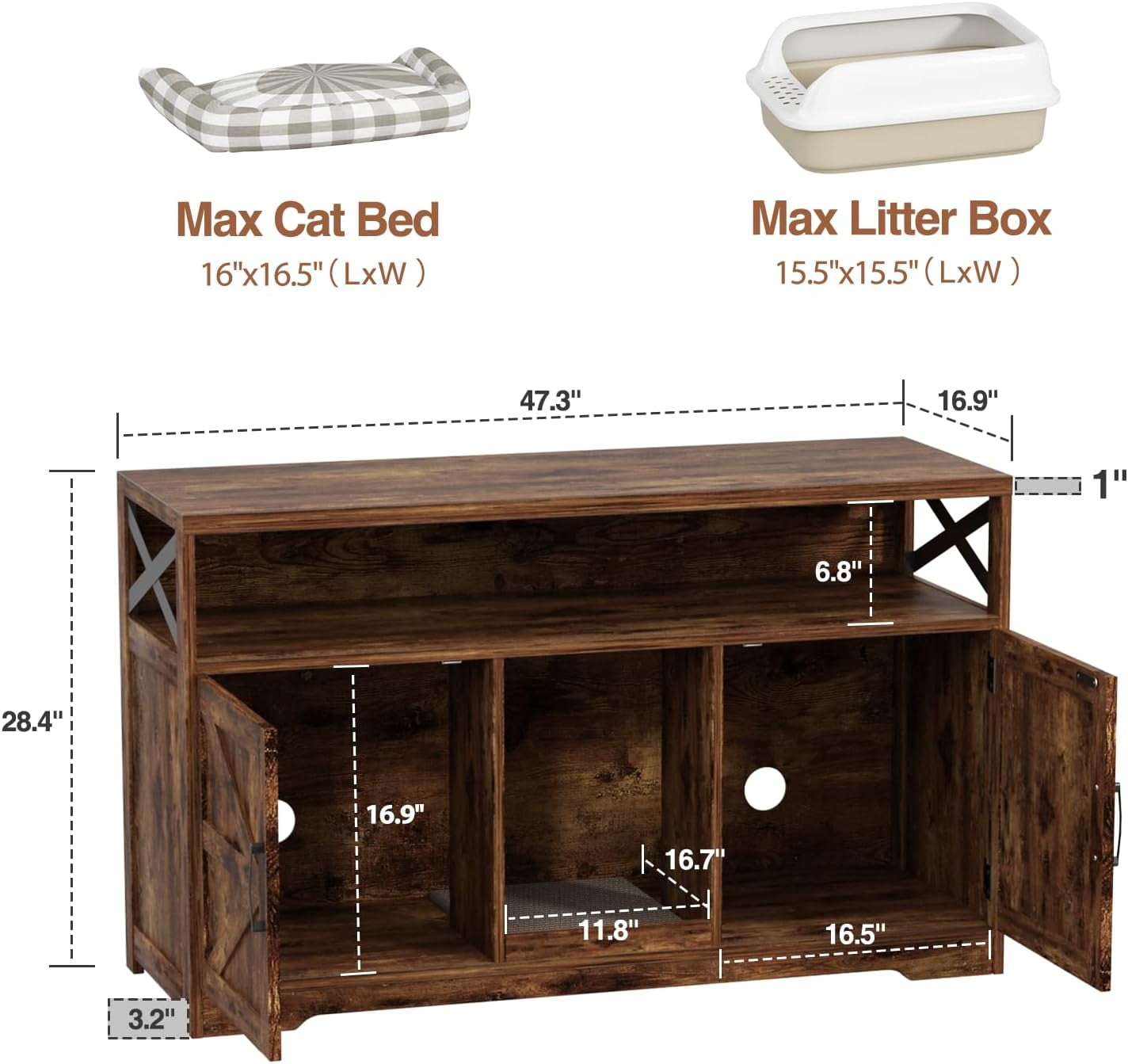 VEANERWOOD 47" Large Wood Cat Litter Box Enclosure, Hidden Cat House Washroom Furniture with Scratch Pad and Storage Shelf