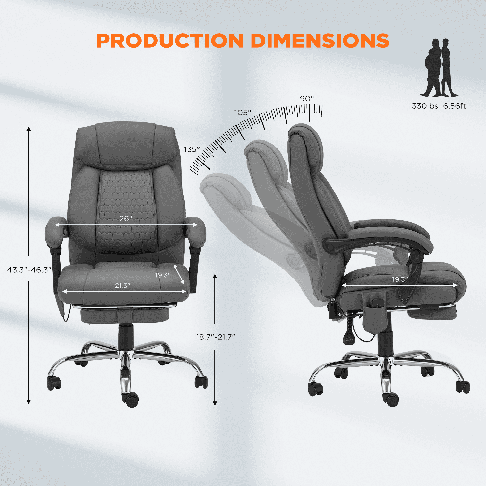 HOMREST  Ergonomic Administrative Office Chair, Heated Massage Lounge Chair with Adjustable Backrest, Foot Pedal, for Home & Office Use, Grey
