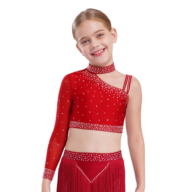 Manyakai Kids Girls Shiny Rhinestone Jazz Latin Modern Lyrical Dance Crop Tops Irregular Shoulder Red 16