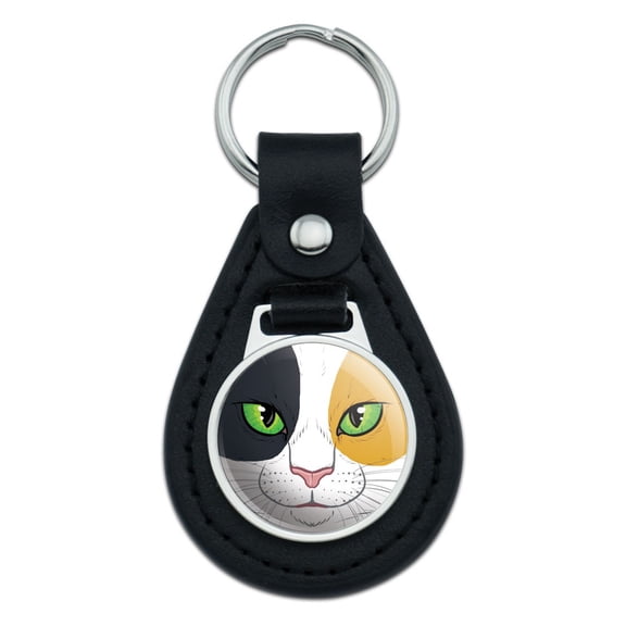 Calico Cat Face Pet Kitty Black Leather Keychain
