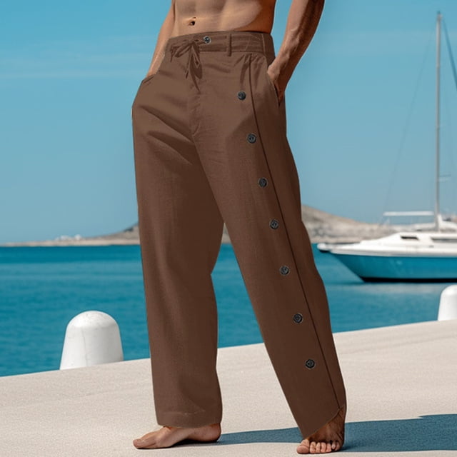 Pantalones largos para hombre, de algodón y lino, con cintura elástica, transpirables, cómodos y suaves, para playa, informales.