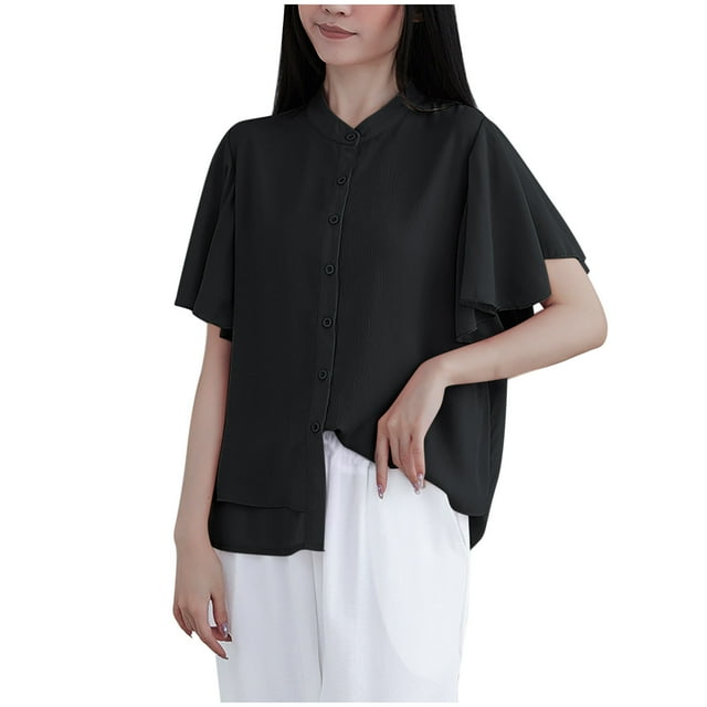 Camisas de Manga Corta para las Mujeres Casual, Botón de Cuello en V de la Moda de Verano, Top Suelto/Camisa Casual