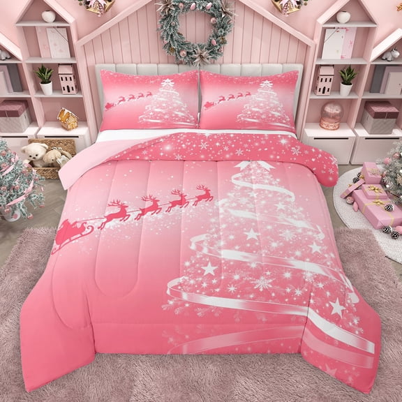 Feelyou Girly Pink Xmas Tree Bedding Comforter Set, Dreamy Christmas Stars Deer Twin Comforter Sets, Teens Kids Girls Women Reversible Bedding Set, Super Cozy Room Decor, 2pcs