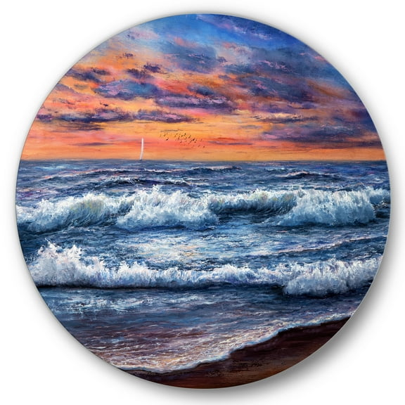 Designart 'The Blue Ocean In Sunset Evening II' Nautical & Coastal Circle Metal Wall Art 36x36 - Disc of 36