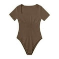 thumbnail image 3 of BLTIBY Short Sleeve Bodysuit for Women Square Neck Solid Color Ribbed Thong Jumpsuit Tummy Control Seamless Shapewear Fashion Basic Bodysuits Coffee S, 3 of 3