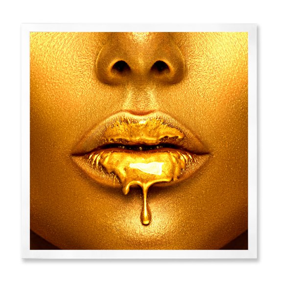 Designart 'Gold Paint Drips From Sexy Girl Lips' Modern Framed Art Print