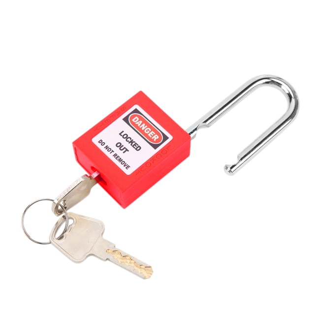 candado loto de 38 mm candado de bloqueo de seguridad de aislamiento candado loto de ingeniería a prueba de agua para la fabricación de maquinaria cuerpo rectangular rojo de nylon PA con etiqueta "DANGER LOCKED OUT", viga de acero plateada abierta (viga 6 mm, largo 38 mm) y dos llaves en anilla; diseñado para bloqueo y etiquetado en plantas industriales y transporte, y también suele usarse para asegurar equipos pequeños durante mantenimiento.