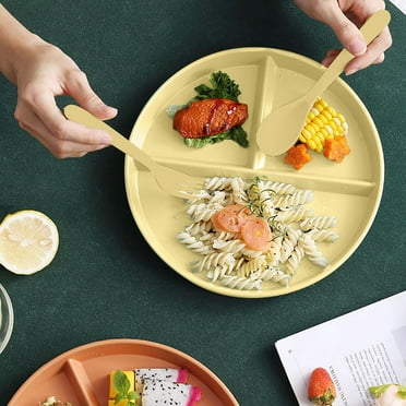 Blukids Unbreakable Divided Plates for Adults, Compartment Plate with Fork, Spoon, Chopsticks, Lightweight Reusable Dinnerware Portion Control Plastic Plates（Yellow）