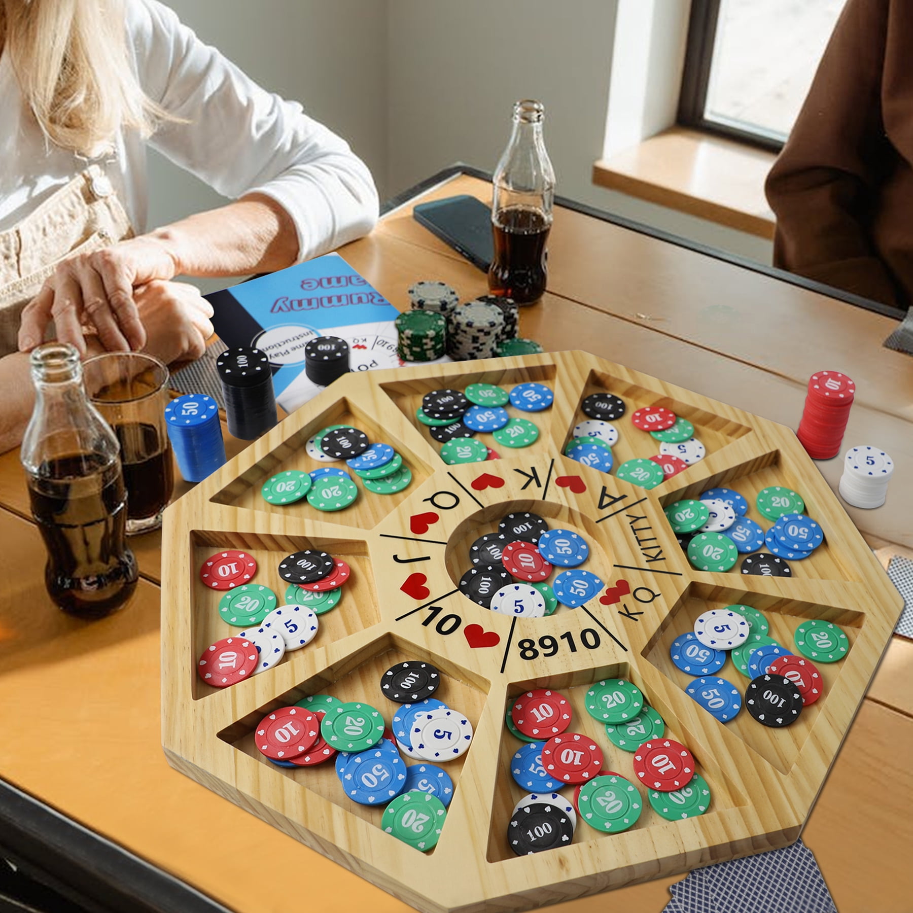 20 inches Michigan Rummy Game Deluxe Set Perfect Blend of A Royal Game of Hearts Rummy Poker Wooden Tripoley Board Game Betting Bluffing Game Classical Family Card Game for Adults 200 Chips