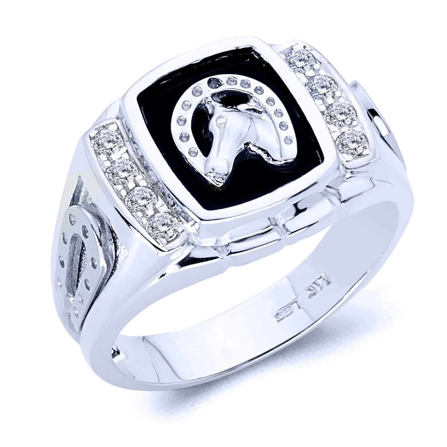 Wellingsale Mens 925 Sterling Silver CZ Cubic Zirconia Lucky Horseshoe Embossed Ring - Size 8
