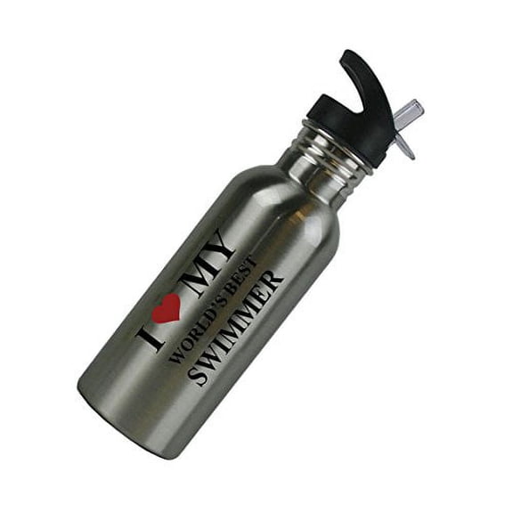 I Love My World's Best Swimmer Stainless Steel Silver 20 Oz (600mL) Water Bottle with Sport Top, Straw