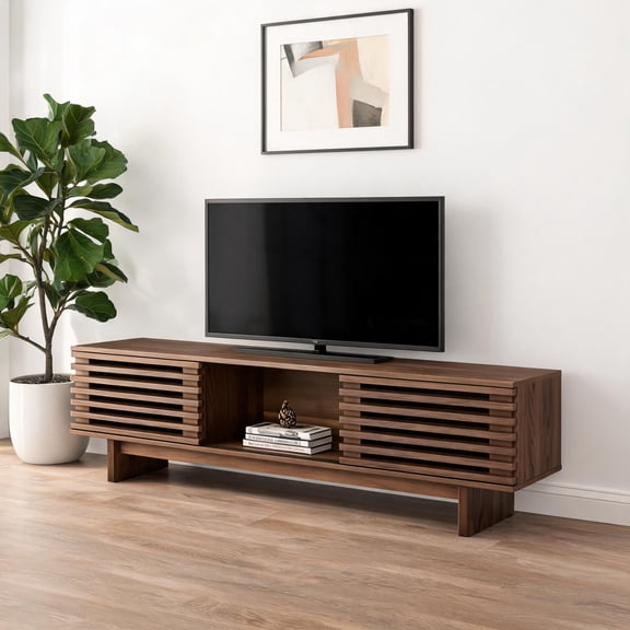 63-Inch Mid-Century Modern TV Stand with Louvered Doors – Walnut Farmhouse Entertainment Center Media Console for Living Room