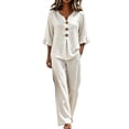 thumbnail image 2 of LEKODE Halter Neck Linen Set for Women 2 Piece Sets Ruffle Tops Pants Set Short Sleeves V Neck Lounge Sets for Women Flowy Set Plus Size Slim Fit Top Gauze Shirts Dressy Casual White L, 2 of 5