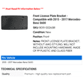 thumbnail image 2 of Front License Plate Bracket - Compatible with 2015 - 2017 Mercedes-Benz S600 2016, 2 of 2
