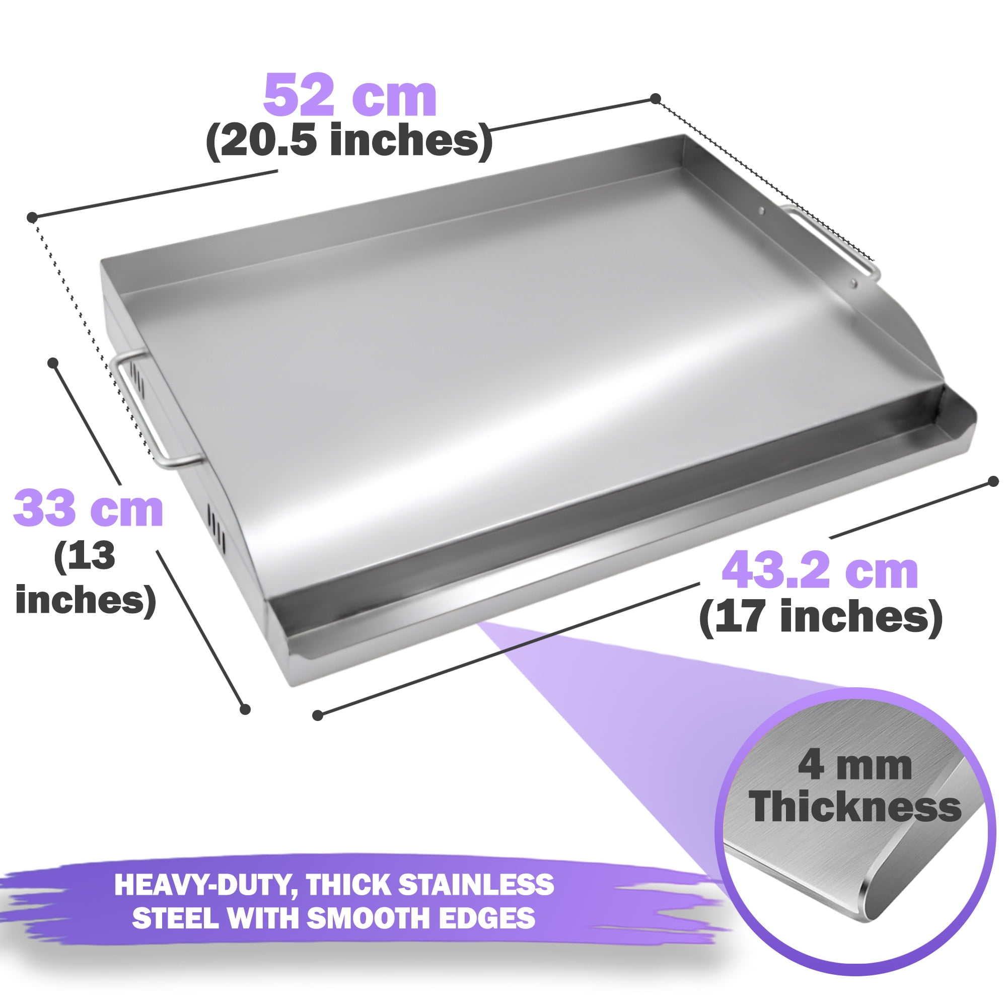17" x 13" Griddle/Plancha Grill Plate – 4 mm Thick Stainless Steel Universal BBQ Griddle Accessory with Handles for Gas & Charcoal Grills, Medium Size