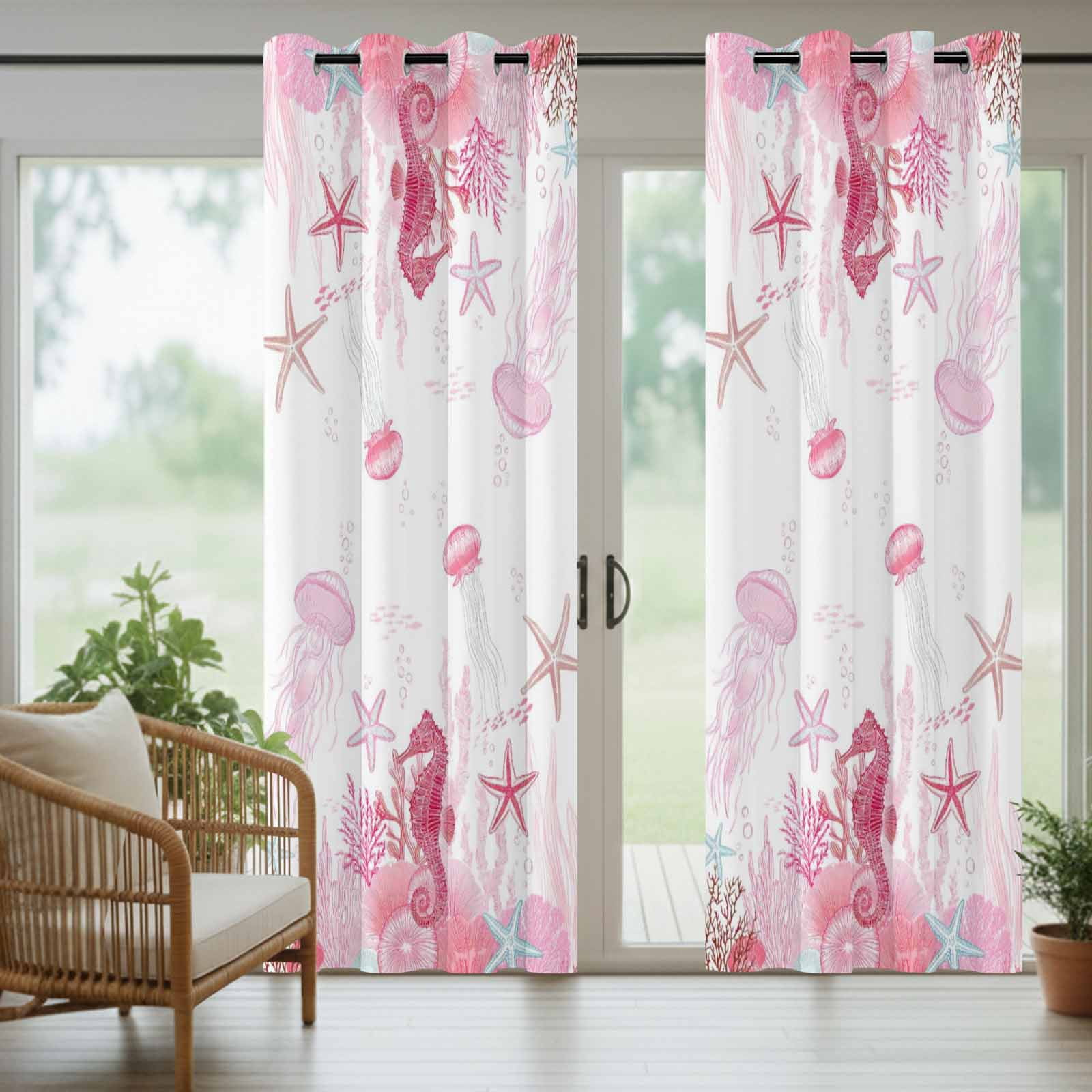 Pink Ocean Outdoor Curtains for Patio, Seahorses Jellyfish Starfish Watercolor Coastal Sunshade Privacy Drapes Grommet Waterproof Outside Curtains for Porch/Cabana/Balcony 54"x 108", 1 Panel