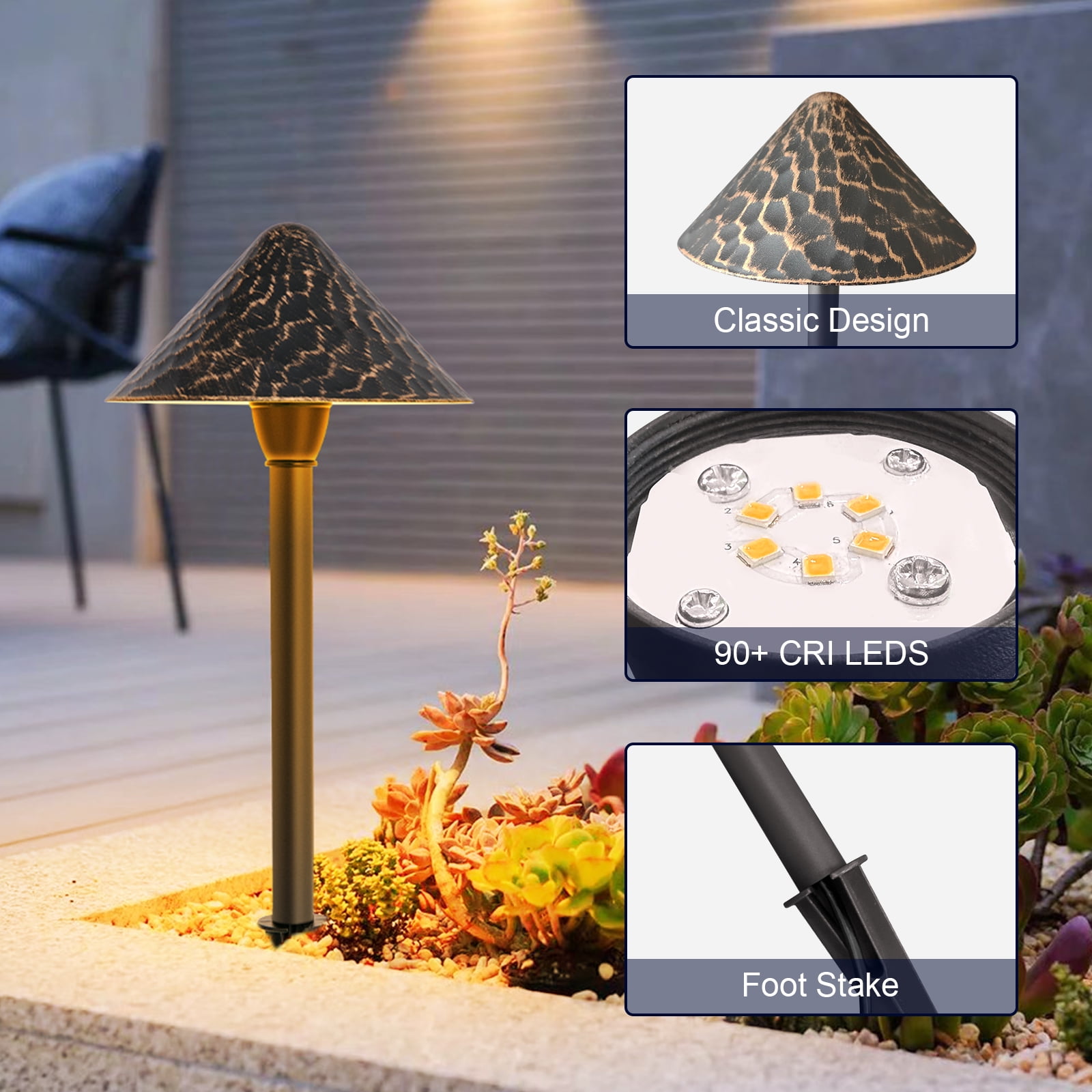 4-Pack Low Voltage Pathway Lights, 3W 12-24V CRI90+ Low Profile LED Landscape Path Lights, Cone Head with Vintage Golden Texture, Black Aluminum Housing,2700K Warm White for Garden