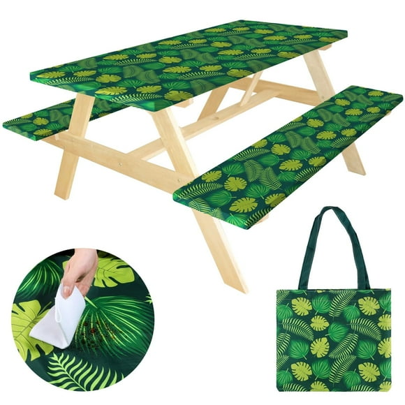 Housse de Table de Pique-Nique avec Housses de Banc, Housse de Table de Pique-Nique 6 Pieds Imperméable et Coupe-Vent, Nappe de Camping avec Sac de Transport, Housses Ajustées Élastiques Rectangulaires pour Table et Siège pour Patios, Cours, Bords de Mer