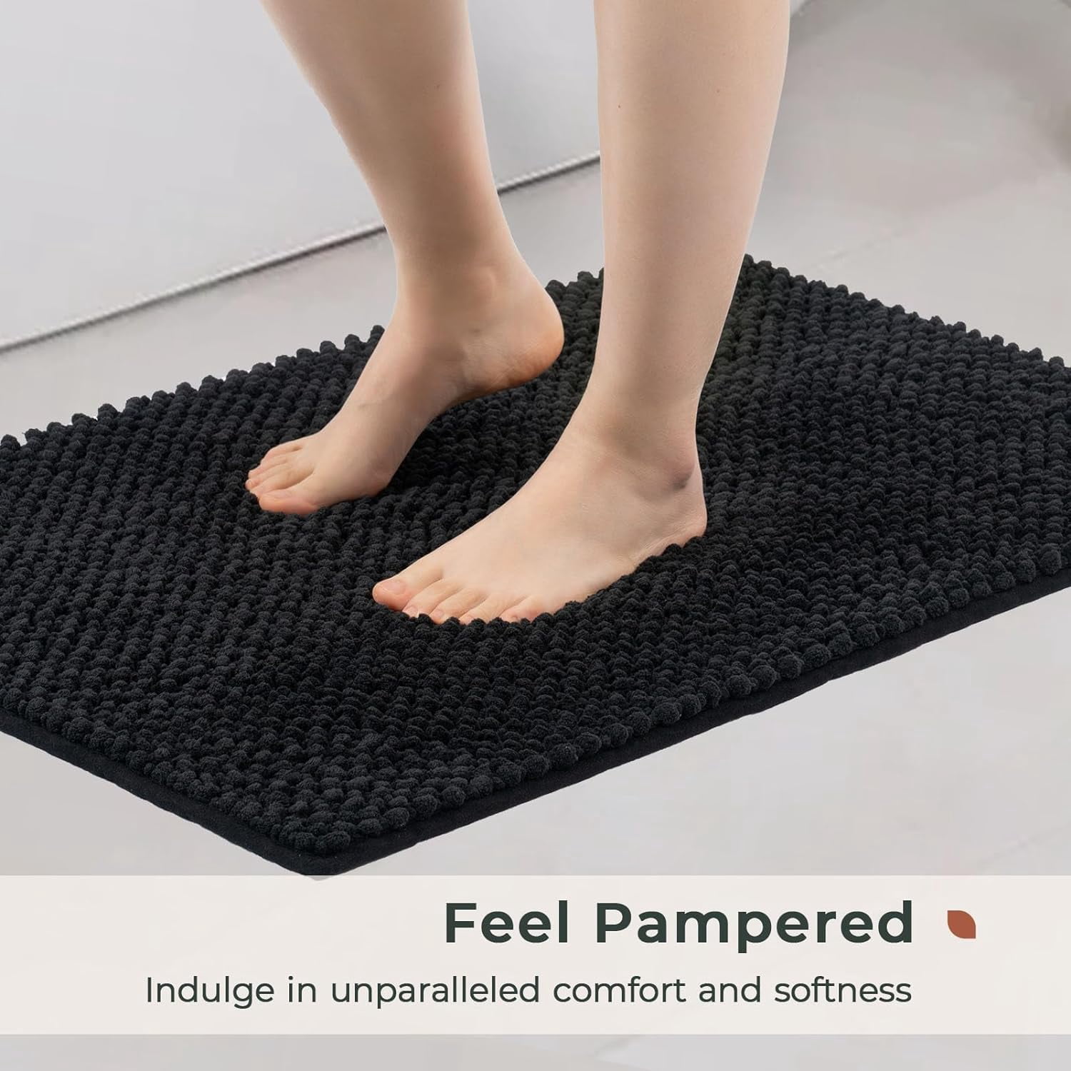FRESHMINT Chenille Bathroom Rugs Set - 2 Piece (17''x24''+20''x47''), Non-Slip Bath Mats, Water Absorbent, Washable Shower Floor Mat, Black