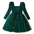 thumbnail image 2 of HOMADLES Girls Long Sleeve Dress Crewneck Bow Elastic Soft Casual Solid Layering Swing Dress for Girls Comfortable Mesh Princess Dress Green 3 T, 2 of 4