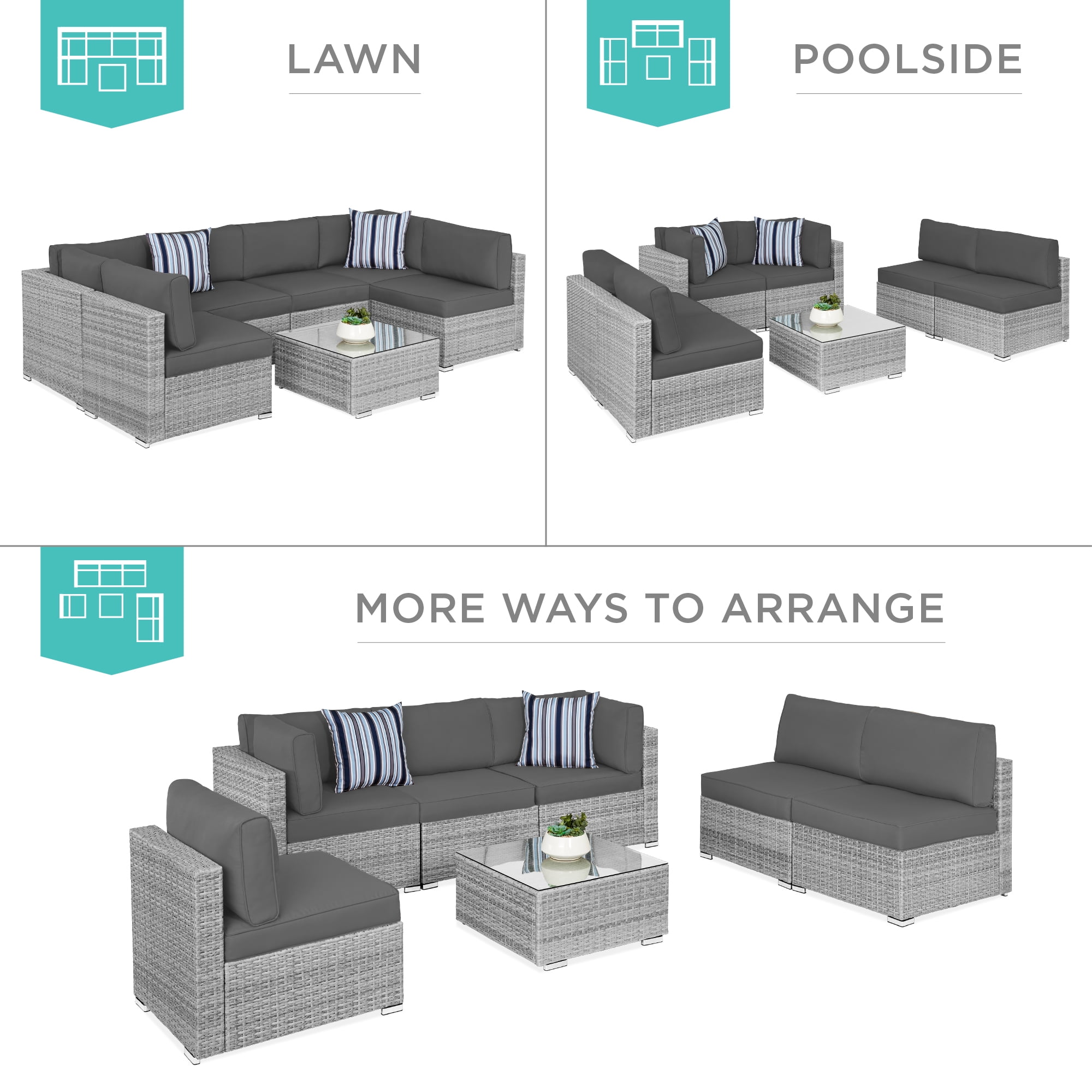 Best Choice Products 7-Piece Outdoor Modular Patio Conversation Furniture, Wicker Sectional Set - Gray/ Gray