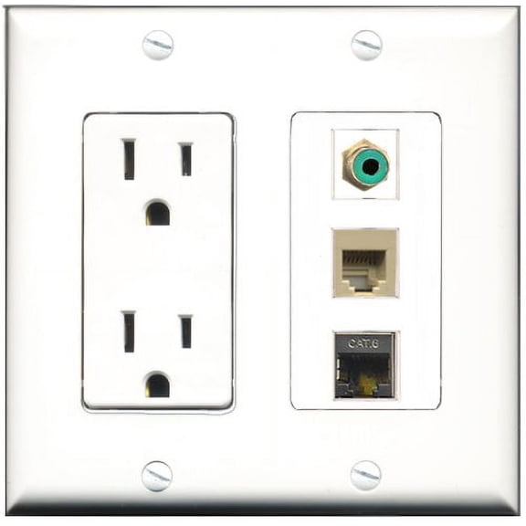 RiteAV - 15 Amp Power Outlet 1 Port RCA Green 1 Port Phone Beige 1 Port Shielded Cat6 Ethernet Ethernet Decorative Wall Plate
