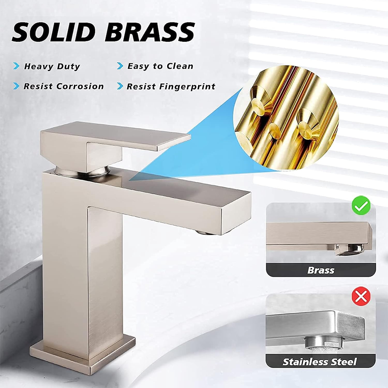 Brushed Nickel Bathroom Faucet - HausinLuck Solid Square Single Handle Bathroom Sink Faucet with Pop Up Drain