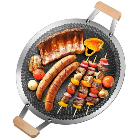 TEAFIRST BBQ Grill Pan, Stainless Steel Round Grill Pan with Handle, Griddle Pan for Camping Outdoor