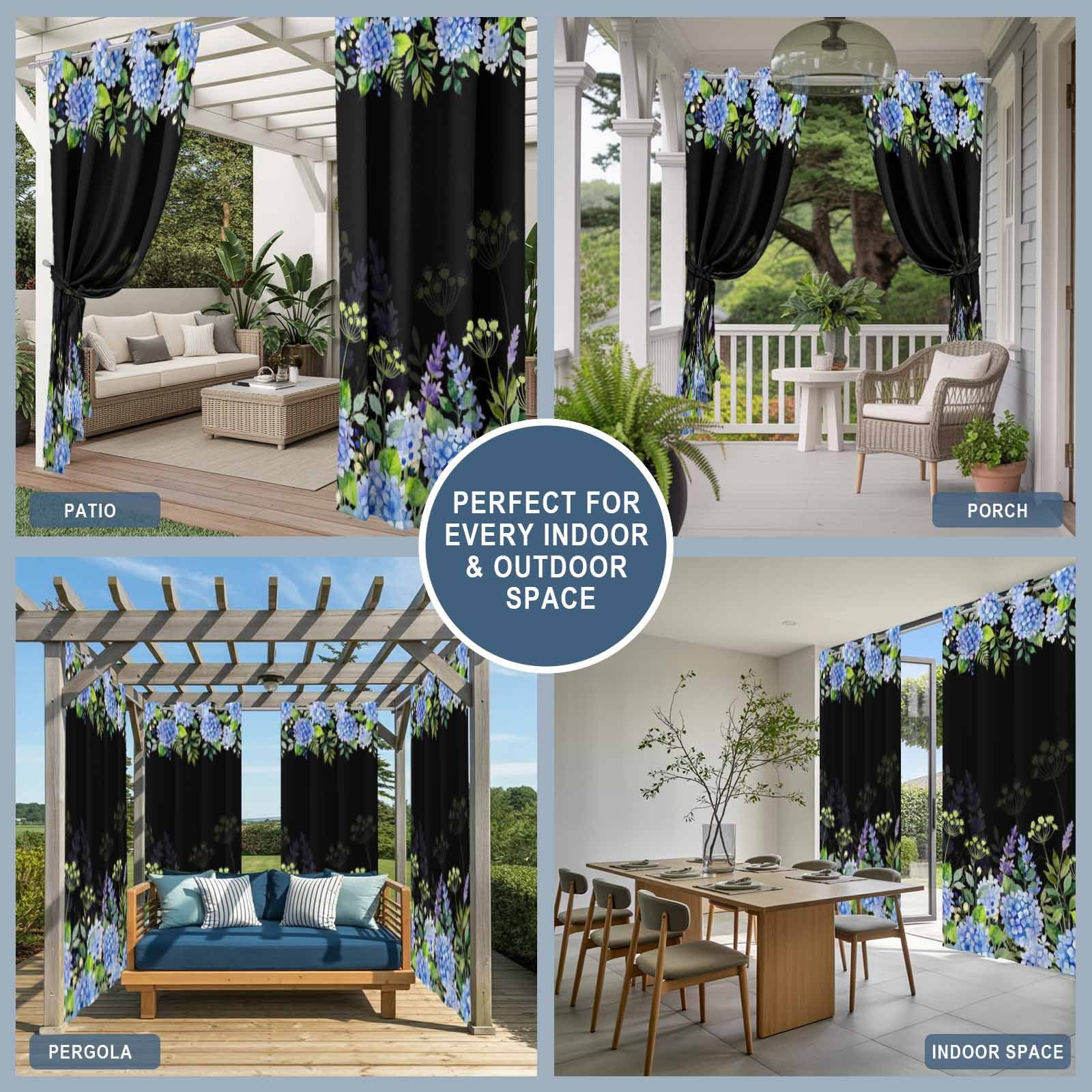 Blue Hydrangea Floral Outdoor Curtains for Patio, Wildflower Garden Botanical Sunshade Privacy Drapes Grommet Waterproof Outside Curtains for Porch/Cabana/Balcony 54"x 108", 1 Panel