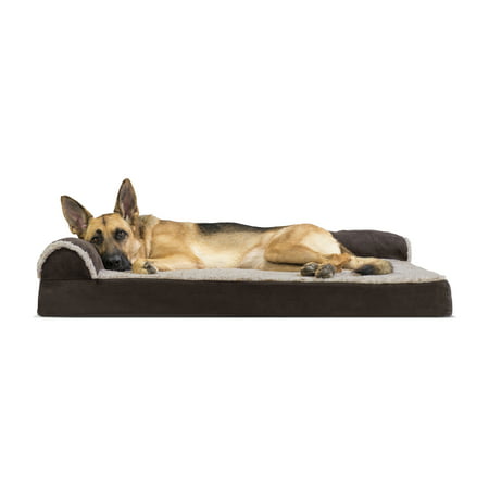 FurHaven Pet Dog Bed | Deluxe Memory Foam Chaise Faux Fur & Suede L-Shaped Lounge Sofa Pet Bed for Dogs & Cats, Espresso,