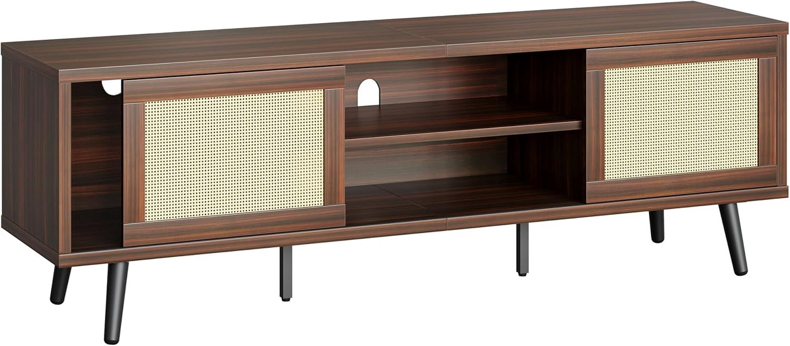 Bestier 63" Boho TV Stand for TVs up to 65 inch, Mid Century Modern TV Stand with Rattan Sliding Doors, Entertainment Center  for Living Room, Walnut