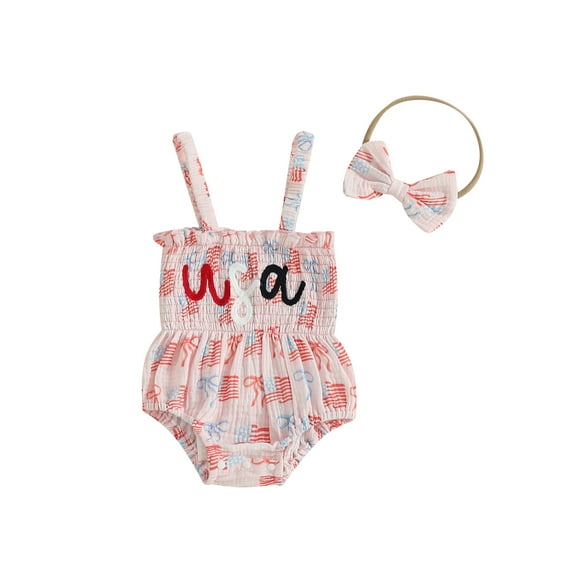 Infant Newborn Baby Girls Fourth of July Outfits Sleeveless Frill Smocked Romper Headband Set Newborn Clothes