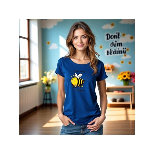 Playera Bee Happy, Don´t Worry – No te preocupes, Sé Feliz y ¡Zumba Con Estilo! Color Azul Talla Grande Marca Emil SaEs
