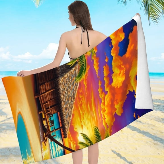 RKSupls Beach Hut Sunset Microfiber Beach Towel, Extra Large Quick Dry Lightweight Towel for Travel Swimming Camping, Soft Super Absorbent- 55.1x27.6in